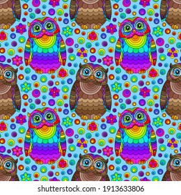 Seamless pattern with a cute bright owls and  flowers on a blue sky background