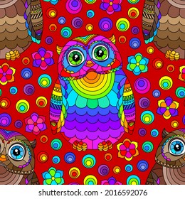 Seamless pattern with a cute bright owls and  flowers on a red background