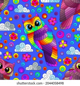 Seamless pattern with a cute bright owls, flowers and clouds, birds on a blue background