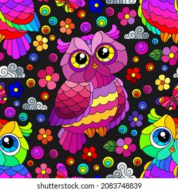 Seamless pattern with a cute bright owls, flowers and clouds on a dark background