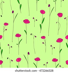 Seamless pattern with cute bright pink flowers. Green background with stylized doodle roses. Elegant template for fashion print.Vector illustration. Vintage floral backdrop for summer or spring design