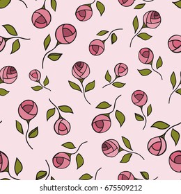 Seamless pattern with cute bright pink flowers. Background with stylized doodle roses.  Decorative romantic seamless texture. 