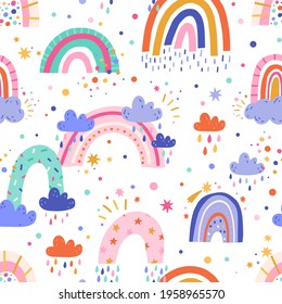 Seamless pattern with cute bright rainbows and rain clouds on white background. Endless repeatable childish texture in doodle style. Colored flat vector illustration of backdrop design for printing