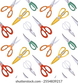 Seamless pattern of cute brightly colored simple kitchen scissors. Vector flat background.