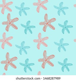 Seamless pattern cute brights starfish on light blue background vector illustration