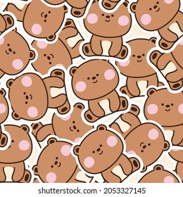 Seamless pattern of cute brown bear cartoon in sitting pose background.Animal character design.Wild.Zoo.Repeat.Kawaii.Image for baby cloth,gift paper,card,banner,wallpaper,sticker.Vector.Illustration.