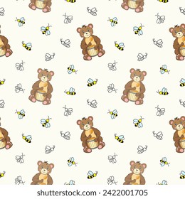 Seamless pattern of a cute brown bear with a barrel of honey and little bees. Vector illustration.