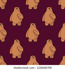 Seamless pattern. Cute Brown Bears on dark red background. Cartoon characters. Icon. Vector illustration