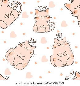 Seamless Pattern of Cute Brown Cat Queen Wearing Crown with Love Decoration