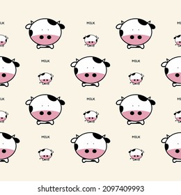 Seamless pattern; cute brown cow and baby cows cartoon character with word "MILK"  isolated on cream background