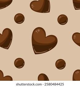 Seamless pattern with cute brown hearts on a beige background. Vector illustration with chocolate for Valentine's Day