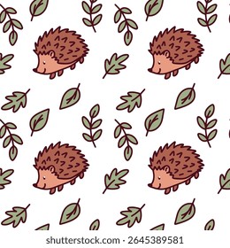 Seamless pattern with cute brown hedgehogs and green leaves on white background. Friendly forest design for children or fabric prints