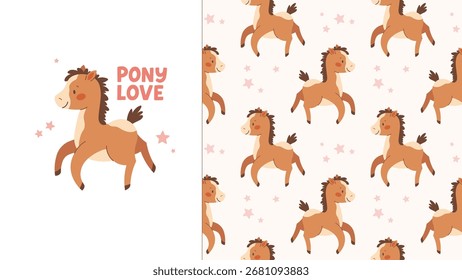 Seamless pattern with cute brown horse and print. Small pony for babies. Pastel fabric swatch