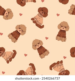 Seamless pattern of cute brown poodles in sweaters. Vector graphics