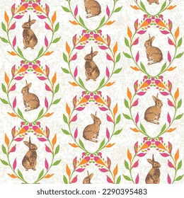 seamless pattern with cute brown rabbits and colorful leaves. Wild animals, eucalyptus, flowers. branch, plants. Springtime background.Cute rabbits and flower arrangement brown,white texture pattern.