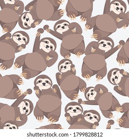 Seamless pattern cute brown sloth family,illustration vector doodle comic art.