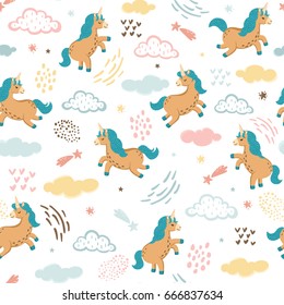 Seamless pattern with cute brown unicorns, clouds, stars and other hand drawn elements. Magic background with little unicorns jumping in the sky. Adorable wallpaper in the childish style. Vector