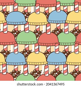 Seamless pattern of cute bubble milk tea in colorful cartoon background.Image for baby cloth,card,banner,wallpaper.kid toy.Graphic design.Repeat.Art.Beverage.Drinking.Sweet.Kawaii.Vector.Illustration.