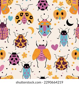 Seamless pattern with cute bugs, beetles, moth and insects, with floral elements, hearts and dots. Colorful hand drawn vector illustration