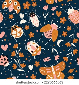 Seamless pattern with cute bugs, beetles, moth and insects, with floral elements, hearts and dots. Colorful hand drawn vector illustration