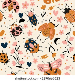 Seamless pattern with cute bugs, beetles, moth and insects, with floral elements, hearts and dots. Colorful hand drawn vector illustration