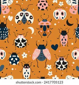 Seamless pattern with cute bugs, beetles, moth and insects, with floral elements, hearts and dots. Colorful hand drawn vector illustration