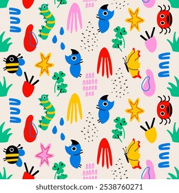 seamless pattern cute bugs. Child drawing insects, flying butterflies and baby ladybird. Flower butterfly, fly insect and beetle. flat vector isolated icons set
