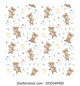 Seamless pattern of cute bull and cow star and heart isolate on a white background. Vector graphics