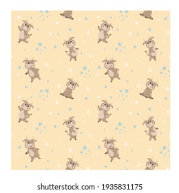Seamless pattern of cute bull and cow stars on a yellow background. Vector graphics