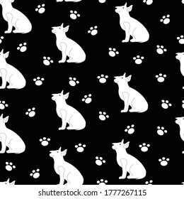 Seamless pattern of cute bull terier and footprints. Repeat animal cartoon character white dog on black background, Good for print for zoo shop. Vector illustration in flat style. 