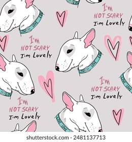 Seamless pattern with Cute bull terrier sketch. Vector illustration in hand-drawn style . Image for printing on any surface