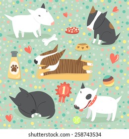 Seamless pattern with cute Bull Terriers in different colors and different dog stuff. Vector background.