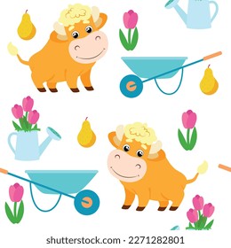 Seamless pattern cute bull and wheelbarrow, watering can with flowers tulips in cartoon children's style. Gardening and gardening on a home plot or farm.