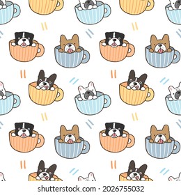 Seamless Pattern with Cute Bulldog in Coffee Cup Illustration Design on White Background