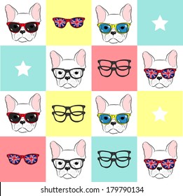 seamless pattern with cute bulldog muzzles in sunglasses