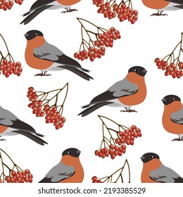Seamless pattern with cute bullfinch birds and rowan berries on a white background.Vector pattern can be used in textiles, notebook covers,packaging.