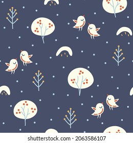 Seamless pattern with cute bullfinches in a clearing in the winter forest. Design of wrapping paper for the winter holidays.