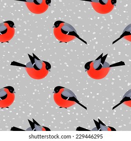 Seamless pattern with cute bullfinches in winter. Vector seamless texture for wallpapers, pattern fills, web page backgrounds