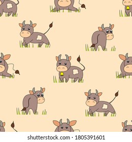 Seamless pattern with cute bulls on beige background. Vector flat animals colorful illustration for kids. Adorable cartoon character. Design for card, poster, fabric, textile.