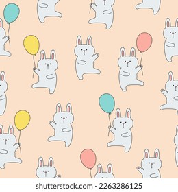 Seamless pattern with cute bunnies with balloons on pink background. Template for baby design. Vector illustration