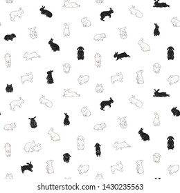 Seamless pattern with cute bunnies. Black and white rabbits on a white background. Linear, outline drawing.