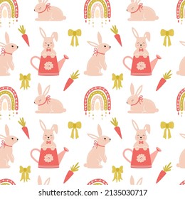 Seamless pattern with cute bunnies, boho rainbow, carrots and bows. Cartoon rabbits characters. Great for baby textiles, baby clothes, gift paper. Vector illustration on a white background