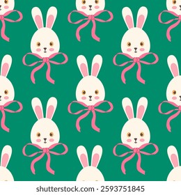 Seamless pattern with cute bunnies with bows. Vector illustration