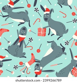 Seamless pattern of cute bunnies with candies, stockings and gifts. Festive design for fabric and packaging. Flat vector illustration.