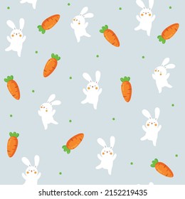 Seamless pattern with cute bunnies and carrots. Cartoon vector drawing of a bunny on a gray background with an orange carrot for printing on textiles