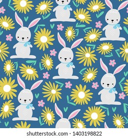 Seamless pattern of cute bunnies with daisy flowers on a blue background. Vector background for children.