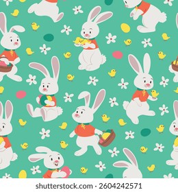 Seamless pattern with cute bunnies in different poses holding egg baskets, chick in a flower field. Easter rabbits. For scrapbooking, print, wrapping paper, textile, fabric. Repeat vector illustration