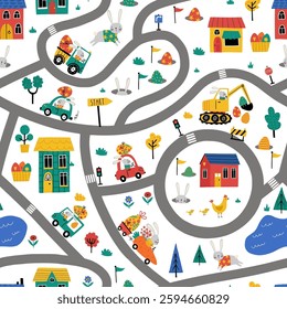 Seamless pattern  with cute bunnies driving cars, easter eggs, flowers, houses, trees, roads. Cute Easter Egg hunt design. Cute little town map. Scandinavian style. For textiles, wrapping paper