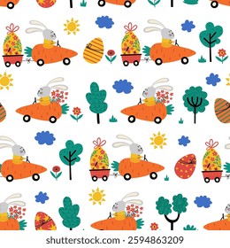 Seamless pattern with cute bunnies driving cars, easter eggs, flowers, trees. Easter hunt map. Spring cartoon print in flat style. Vector design in child style for Easter holiday cards and invitations