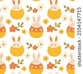 Seamless pattern with cute bunnies in Easter eggs and flowers. Perfect for spring and Easter designs. The pattern is in vector format, so it can be scaled to any size without losing quality.
